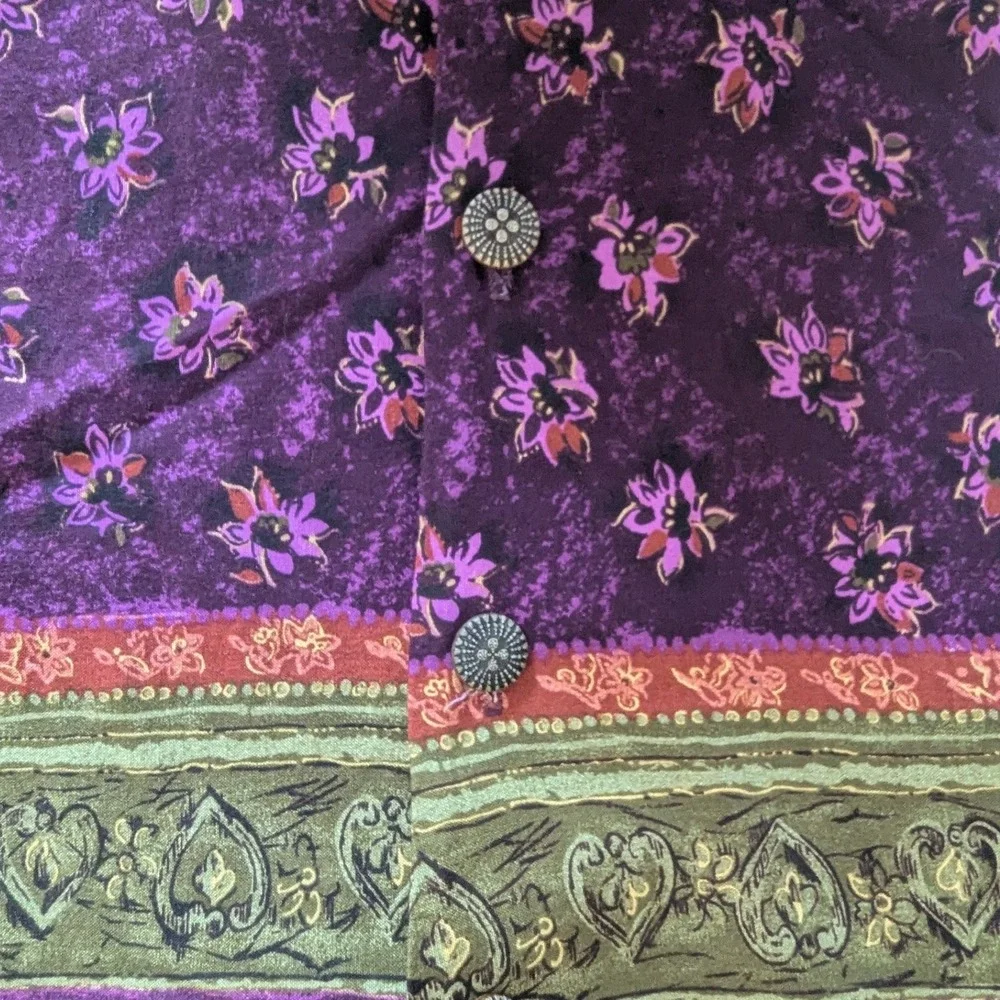 Vtg 90s 2 Pc Set Shorts Purple Floral‎ Rayon Button Up Short Sleeve Top Artsy MD